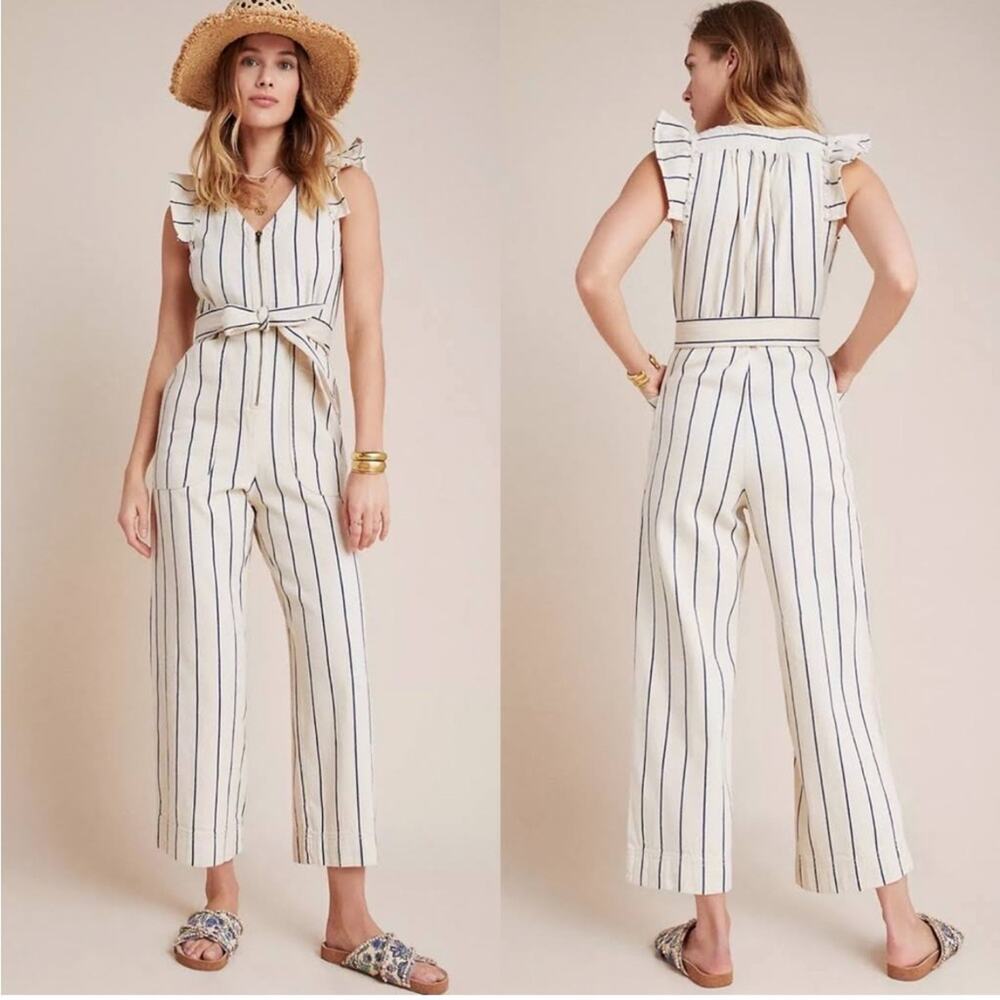 NWT Anthropologie Denim Belted Jumpsuit Striped Cream Blue Pockets Size 10 $188